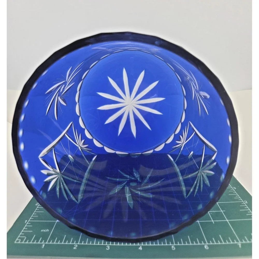 Bohemian Czech Cobalt Blue Cut to Clear‎ Pinwheel Biscuit Cookie Jar Ice Bucket